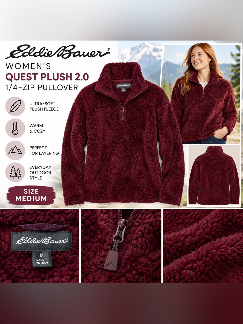Eddie Bauer Women’s Quest Plush 2.0 1/4-Zip Pullover Burgundy Size Medium